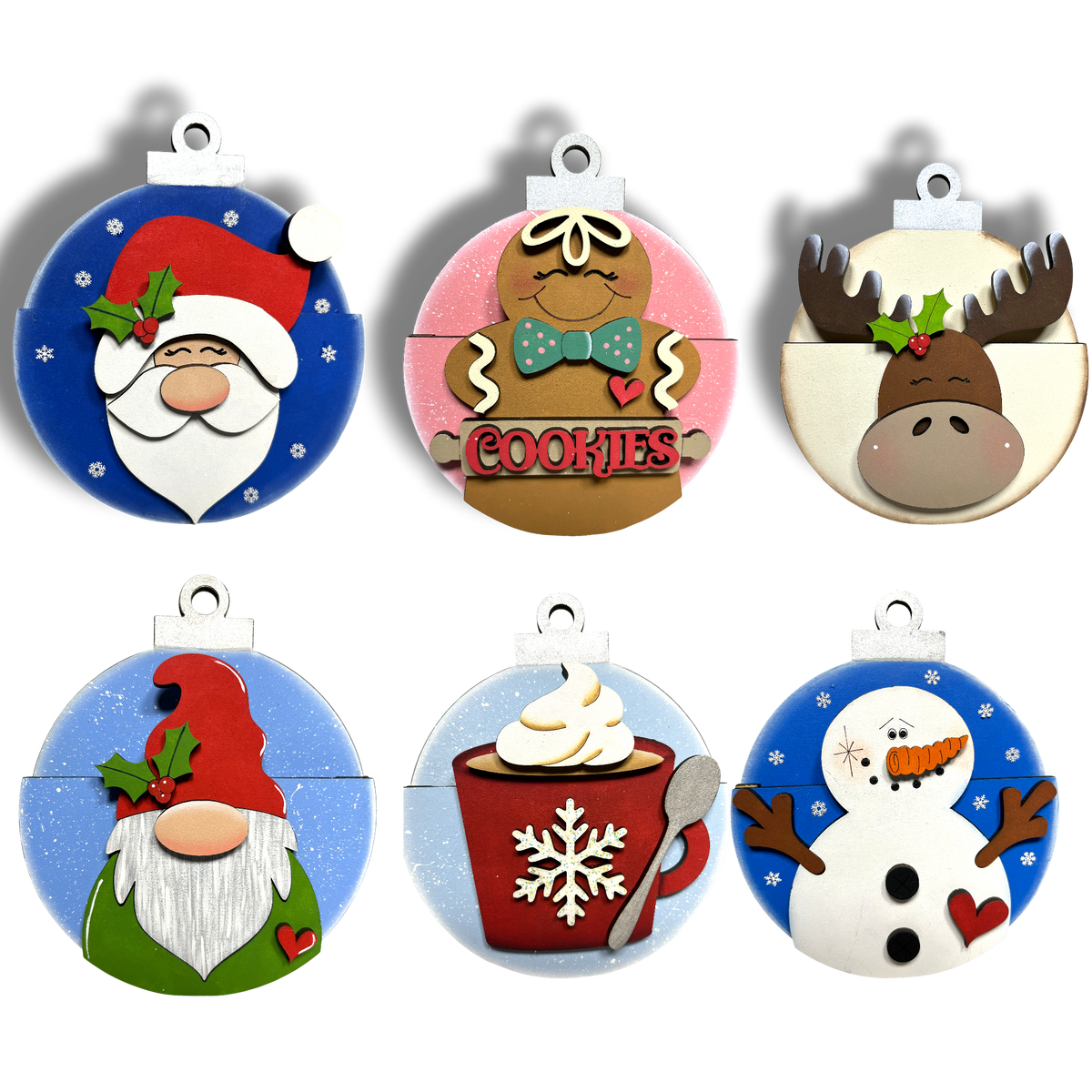six distinct Christmas ornaments, each featuring a different holiday-themed character or object.