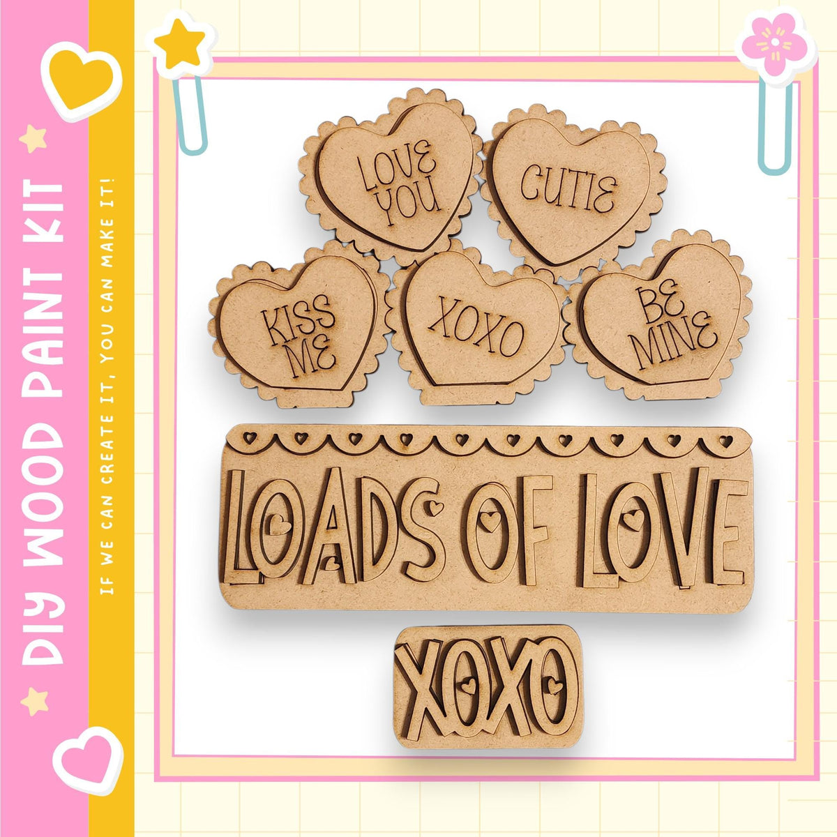 a DIY wood paint kit for creating custom Valentine's Day or holiday-themed decorations. The kit includes various heart-shaped cutouts and a wooden sign that says "LOADS OF LOVE XOXO".