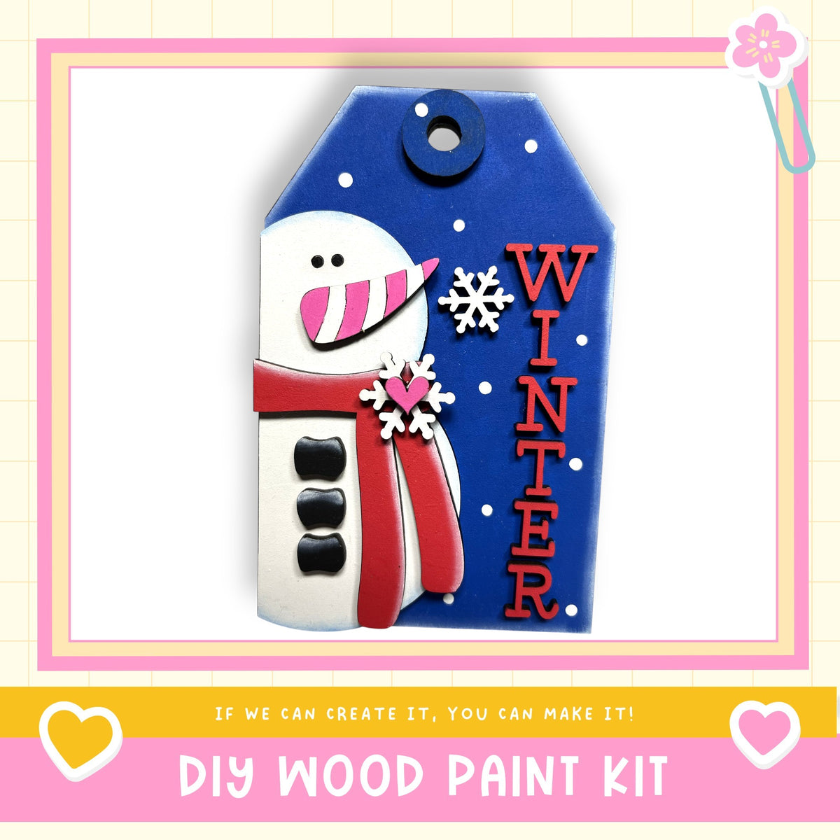 a DIY wood paint kit for creating a winter-themed item, such as a snowman or a winter-themed card.