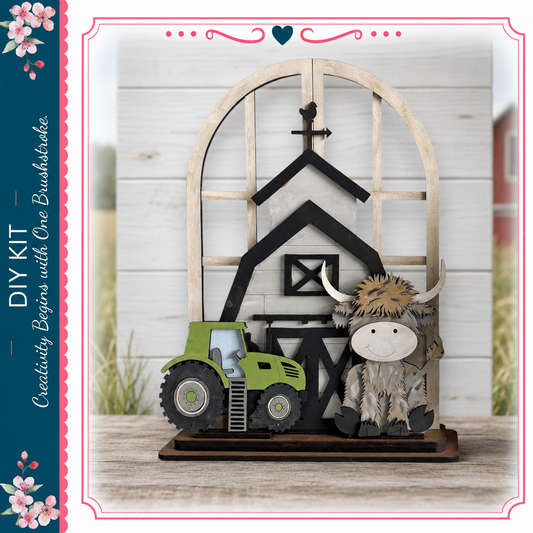 a wooden barn and a green tractor, both of which are part of a creative DIY project.