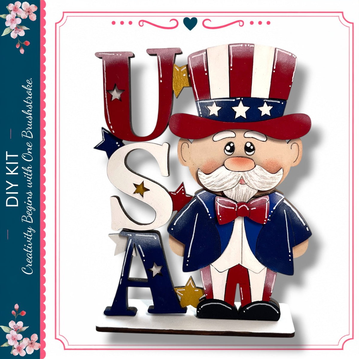 A wooden figure of a man wearing a hat with stars and stripes, standing next to the letters "USA" in a decorative arrangement.