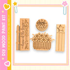 various wooden shapes and objects, including a sign with the word "AMERICA" and a star-shaped object.