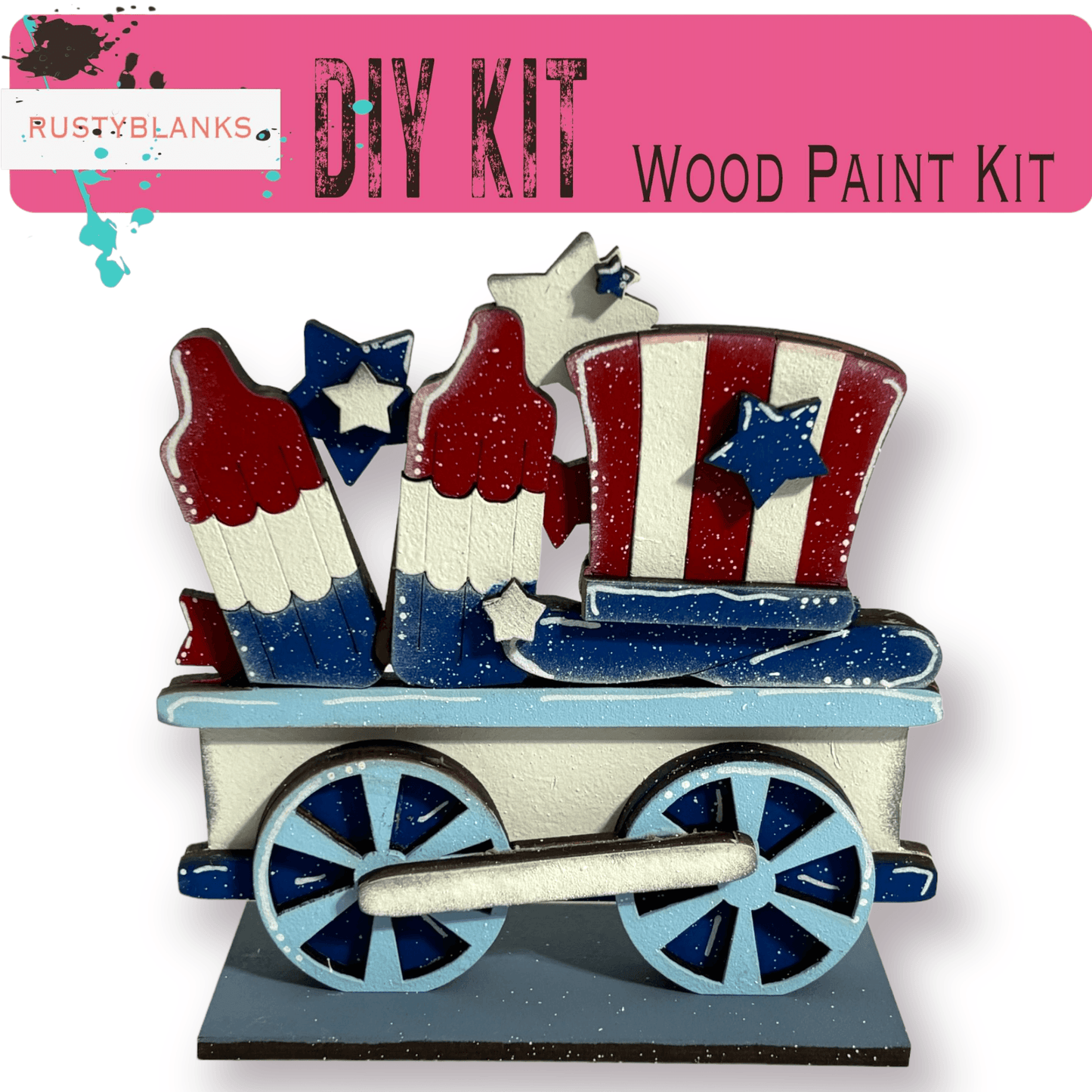 a red, white and blue wooden toy train