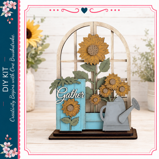a wooden sign with a sunflower design, placed on a wooden stand. The sign has a watering can and a vase with flowers on it, creating a decorative arrangement.