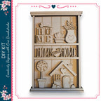 The image is a wooden shelf with various home-related items, including a house, a key, a heart, and a potted plant.