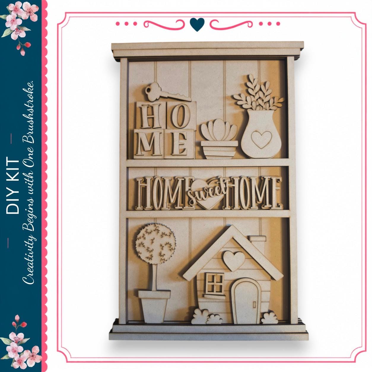 The image is a wooden shelf with various home-related items, including a house, a key, a heart, and a potted plant.