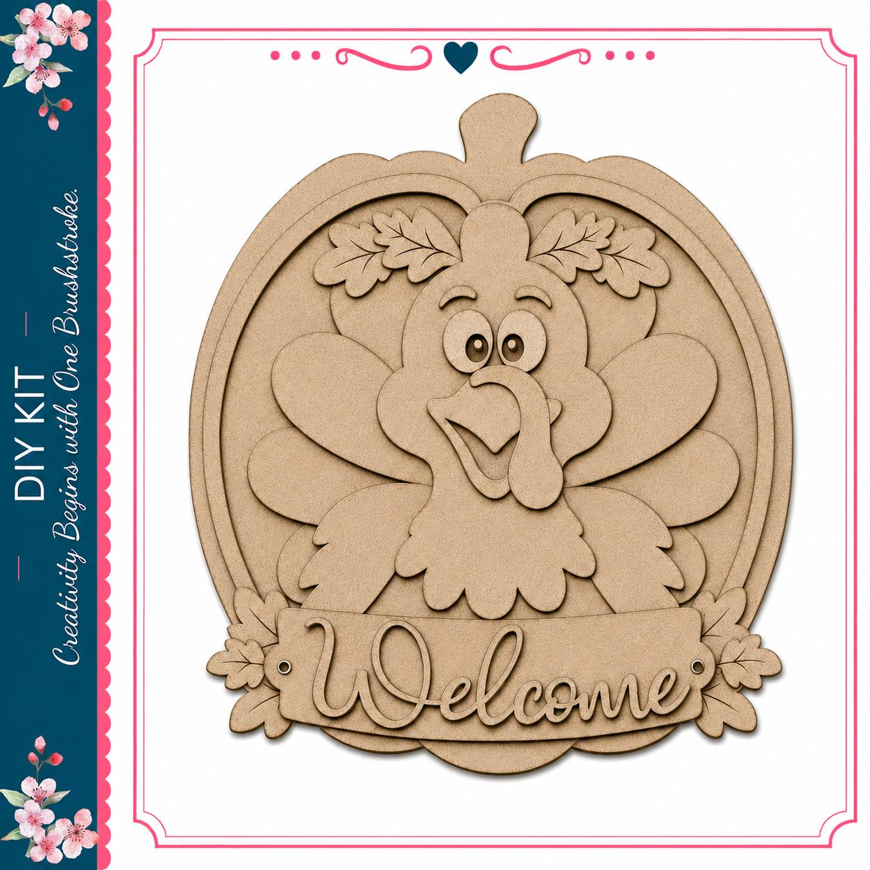 a wooden sign with a turkey and the word "Welcome" written on it.