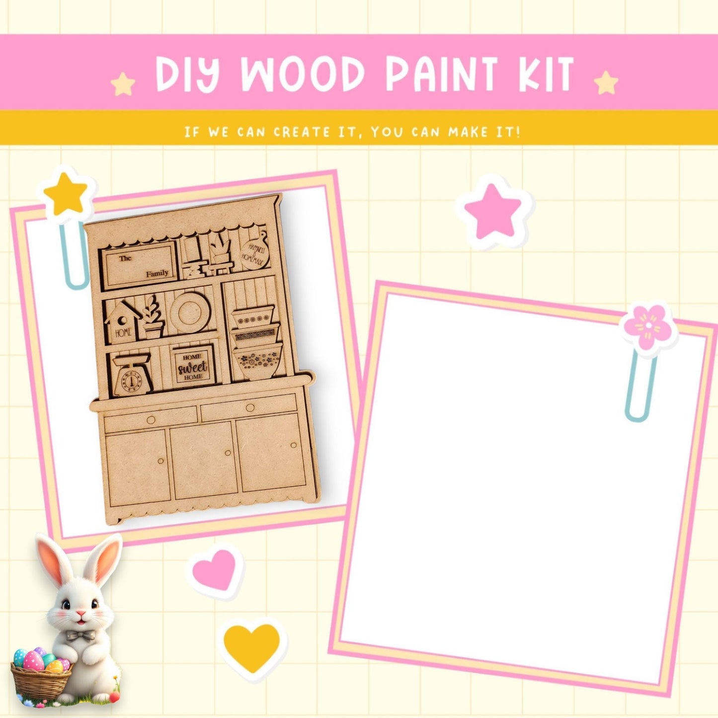 a picture of a wooden paint kit with a bunny next to it