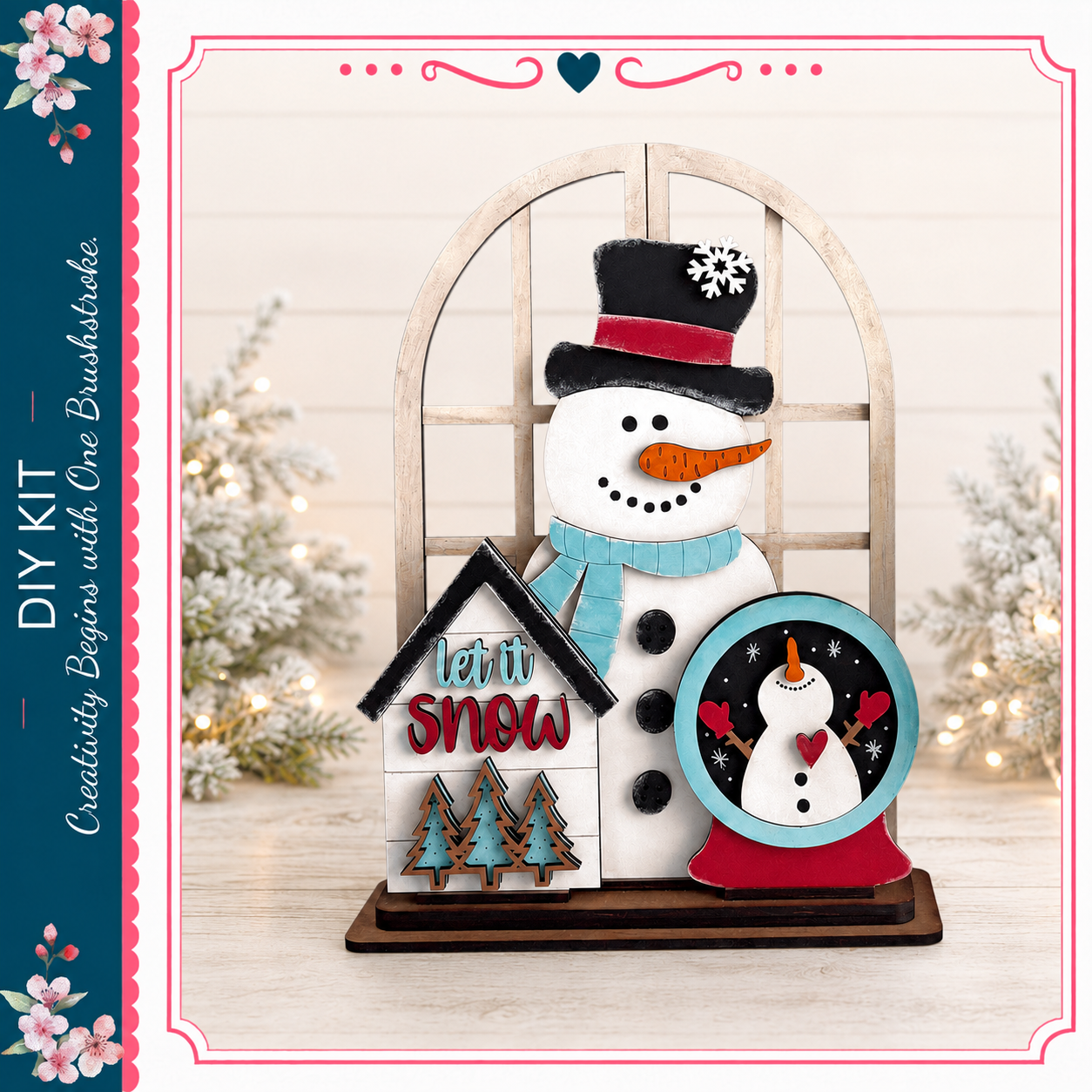 A snowman decoration with a clock and a sign that says "let it snow" is displayed on a wooden stand.