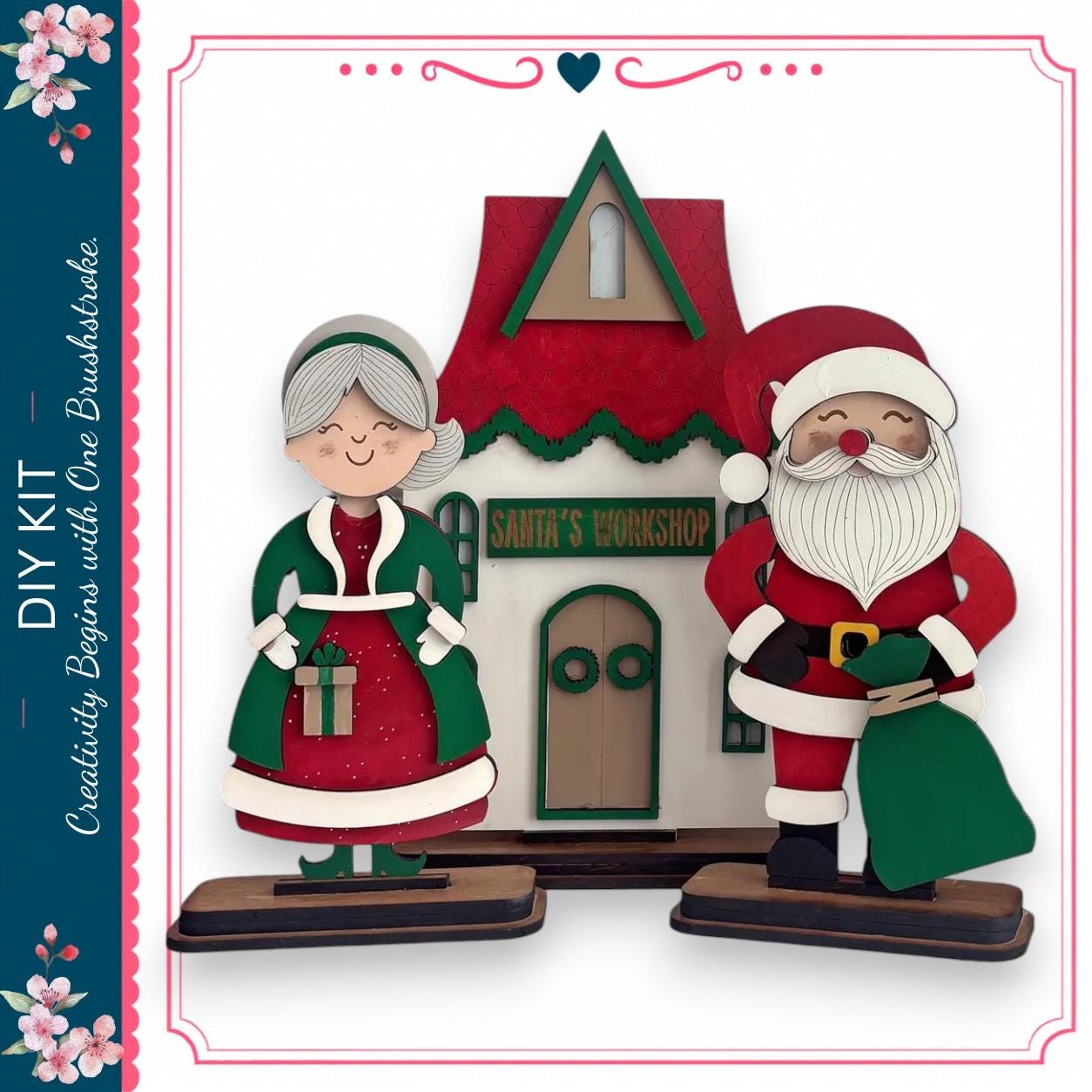 Santa Claus and his reindeer standing in front of a small wooden house with a red roof and a sign that reads "Santa's Workshop".