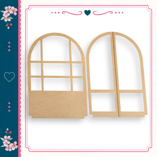 two wooden cutouts of windows, one with a full window and the other with a half-filled window, set against a white background with a decorative border.