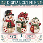 three snowmen, each with different outfits and accessories, arranged in a row. The snowmen are smiling and appear to be made of fabric or cloth. The image does not contain any text, and there are no other objects or elements present.