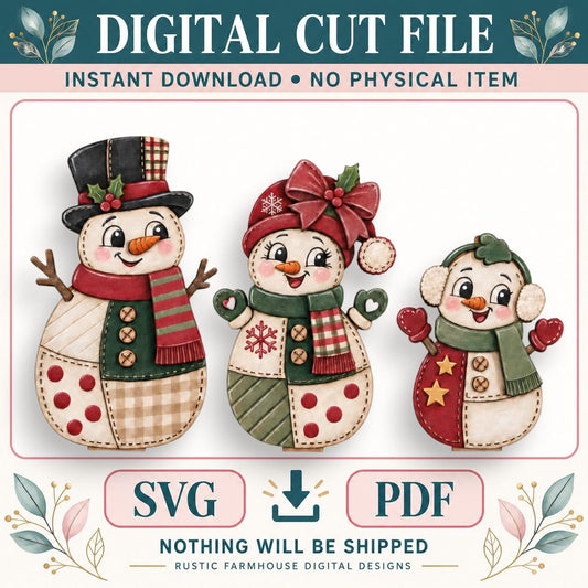 three snowmen, each with different outfits and accessories, arranged in a row. The snowmen are smiling and appear to be made of fabric or cloth. The image does not contain any text, and there are no other objects or elements present.