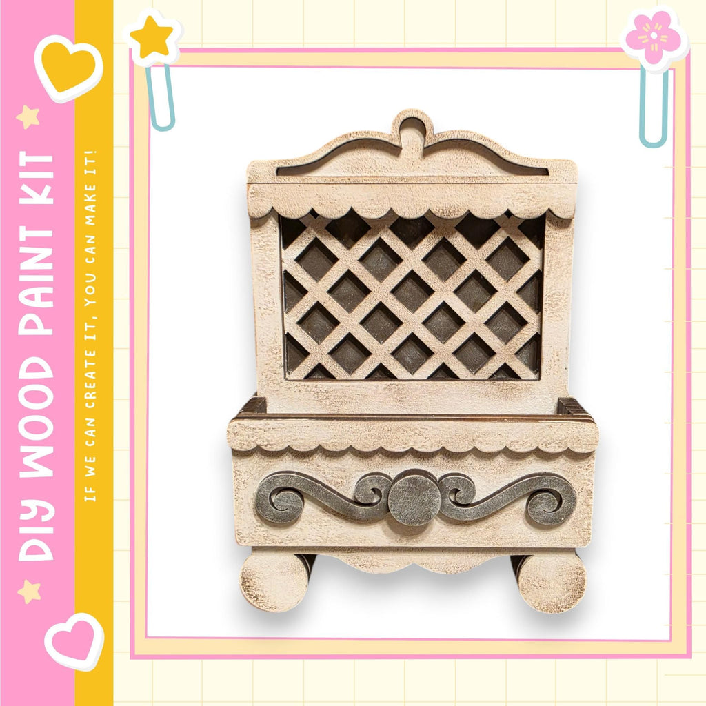 a wooden cabinet with a lattice design on the front.