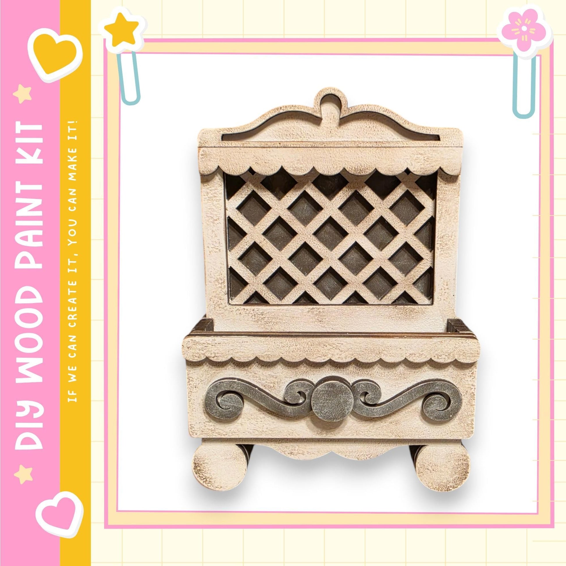 a wooden cabinet with a lattice design on the front.