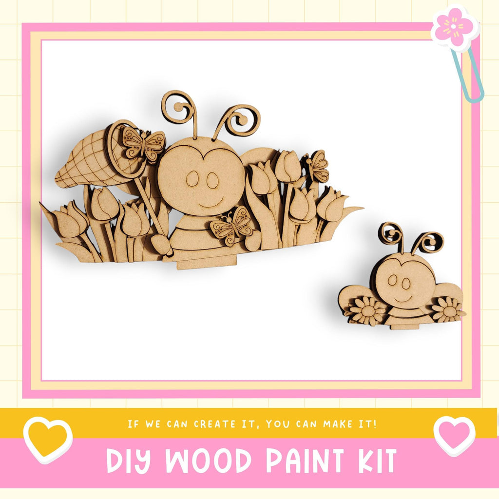 The image is a DIY wood paint kit featuring a wooden bee and flower decoration.
