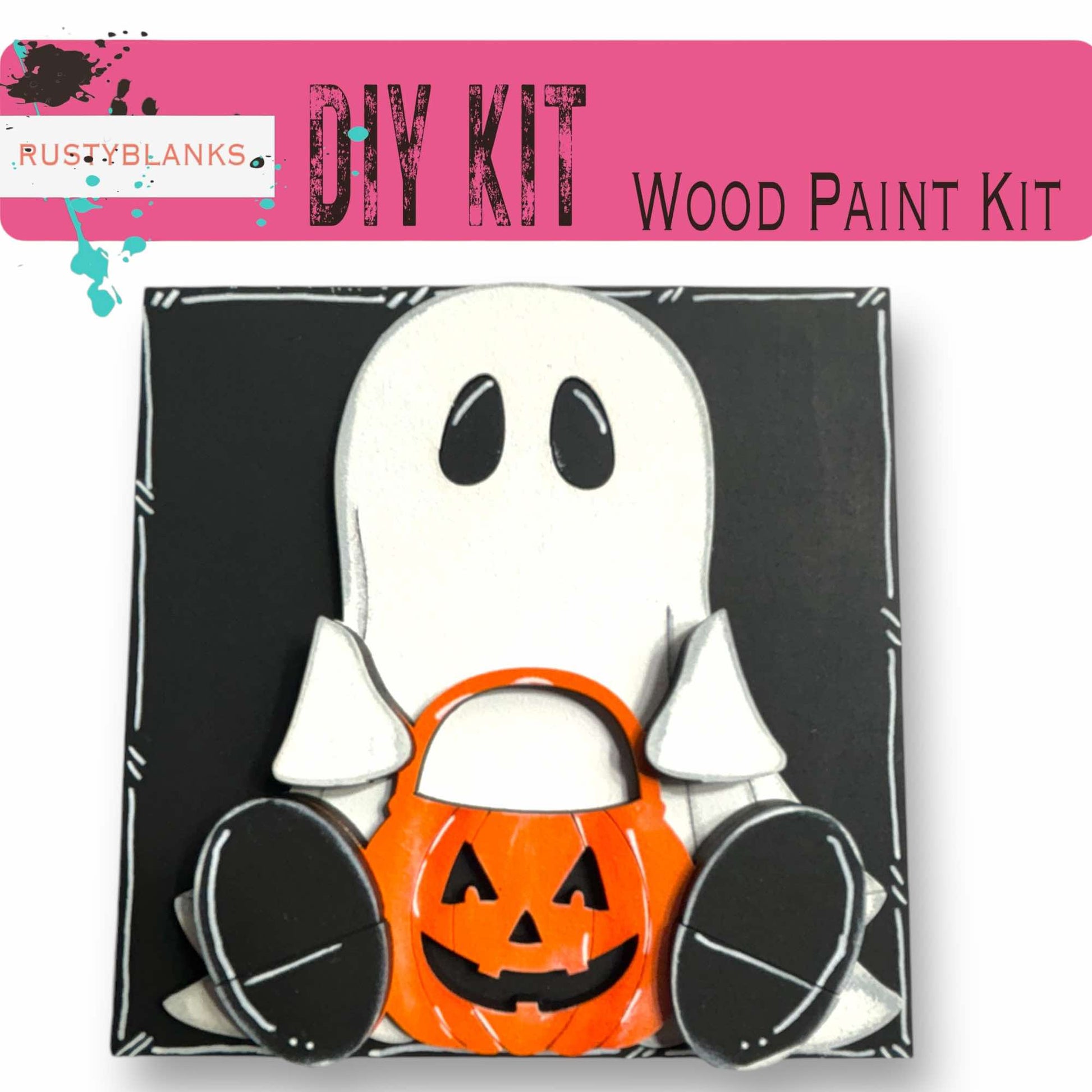 a halloween craft kit with a ghost holding a pumpkin