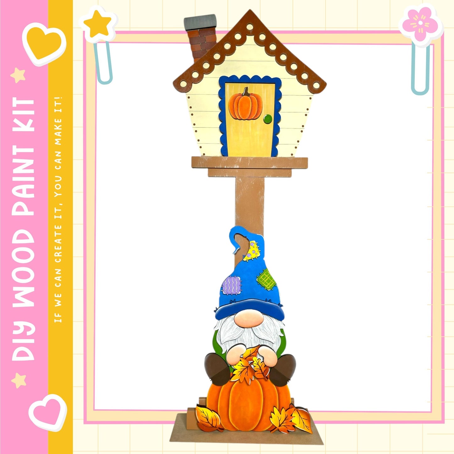 A gnome figurine is sitting on a wooden post, holding a pumpkin and surrounded by autumn leaves.