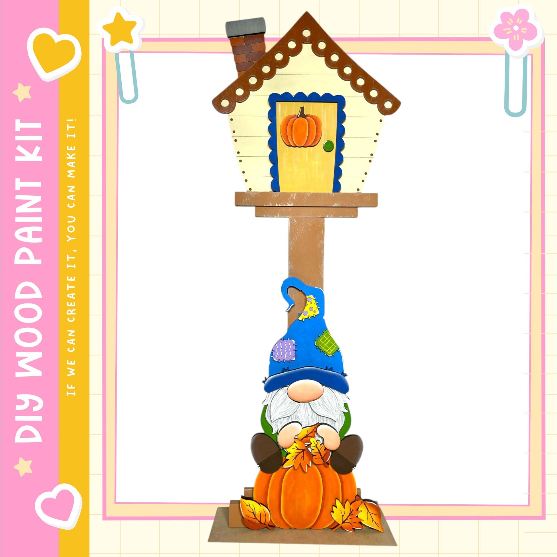 A gnome figurine is sitting on a wooden post, holding a pumpkin and surrounded by autumn leaves.