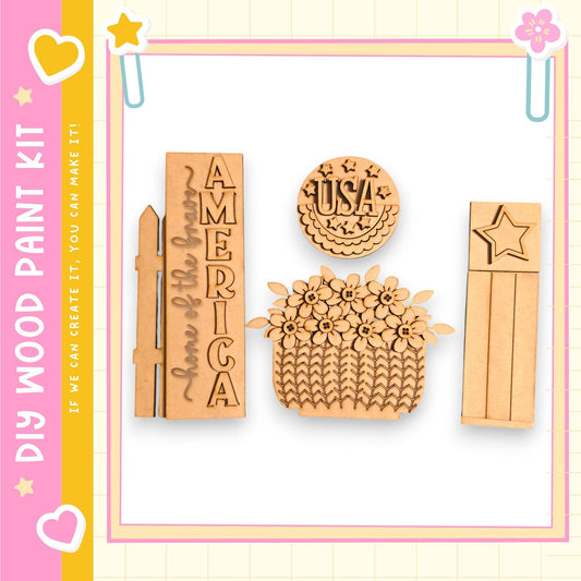 various wooden shapes and objects, including a sign with the word "AMERICA" and a star-shaped object.