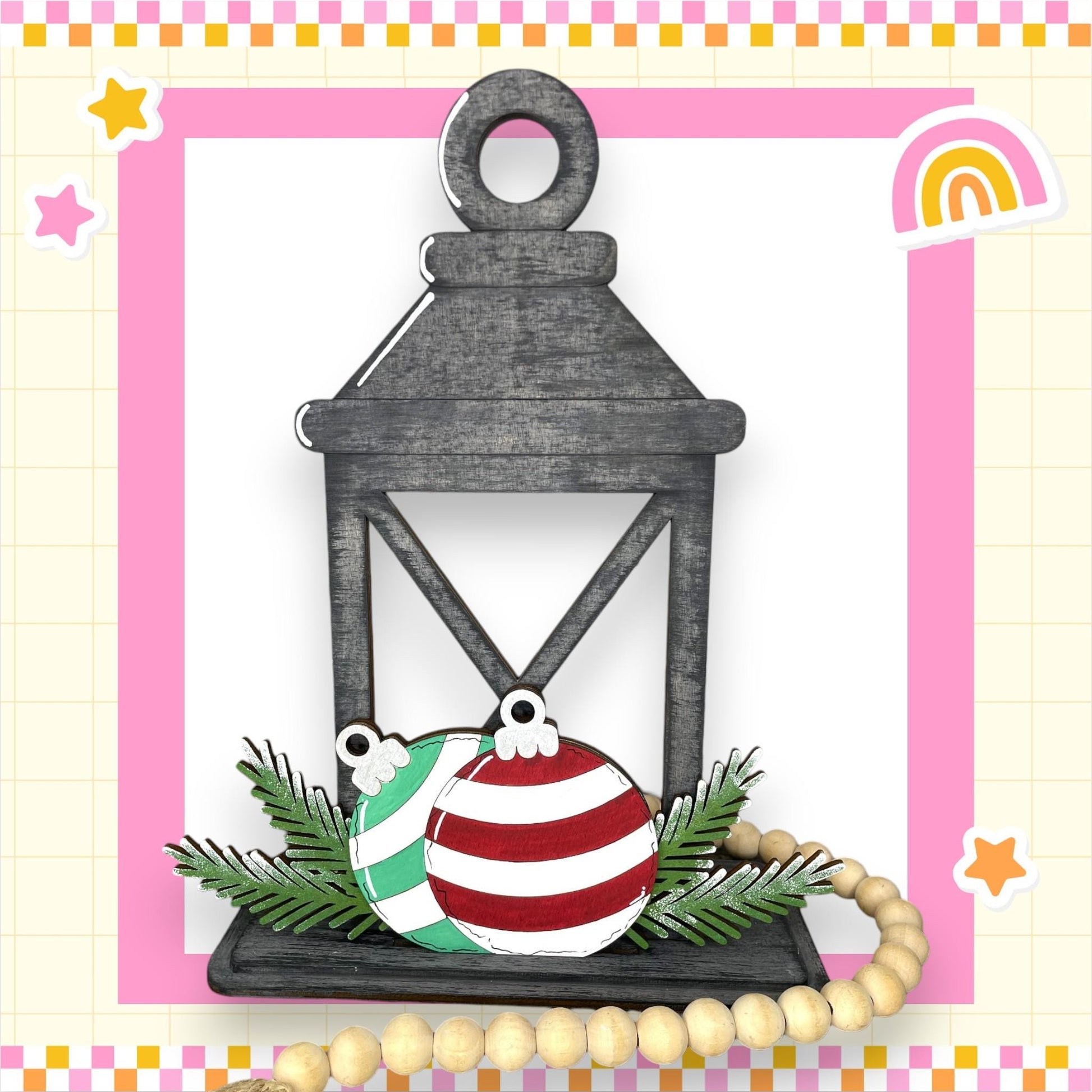 a card with a lantern and ornaments on it