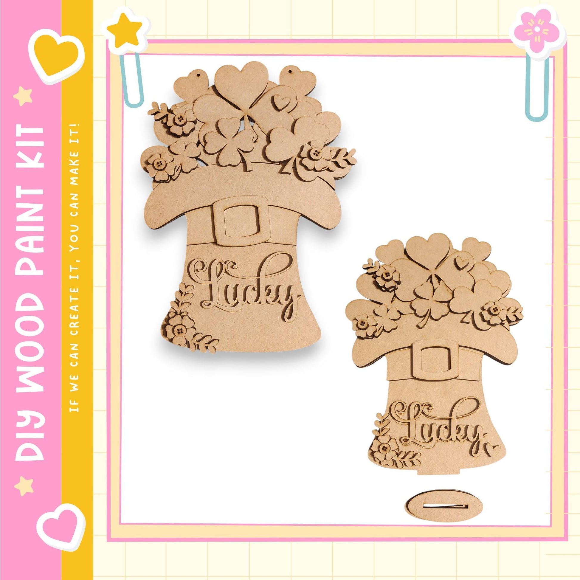 two wooden cutouts, each with the word "Lucky" carved into them. The cutouts appear to be made of a light-colored wood material, possibly pine or oak, and are decorated with various floral and heart designs. The cutouts are set against a pink and yellow background, which adds a festive and cheerful touch to the overall composition.
