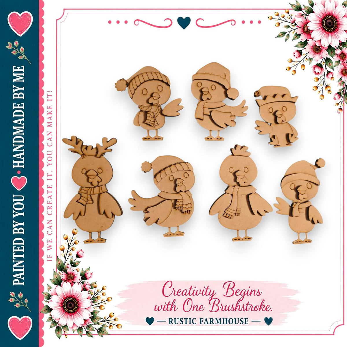 a collection of wooden bird figurines, each wearing a hat and scarf, arranged in a festive display. The birds are depicted in various poses, creating a lively and whimsical scene. The image is framed by a border of pink and white flowers, adding a touch of color and charm to the overall composition. The text "Creativity Begins with One Brushstroke" suggests that the wooden bird figurines are the source of inspiration for the creative process.
