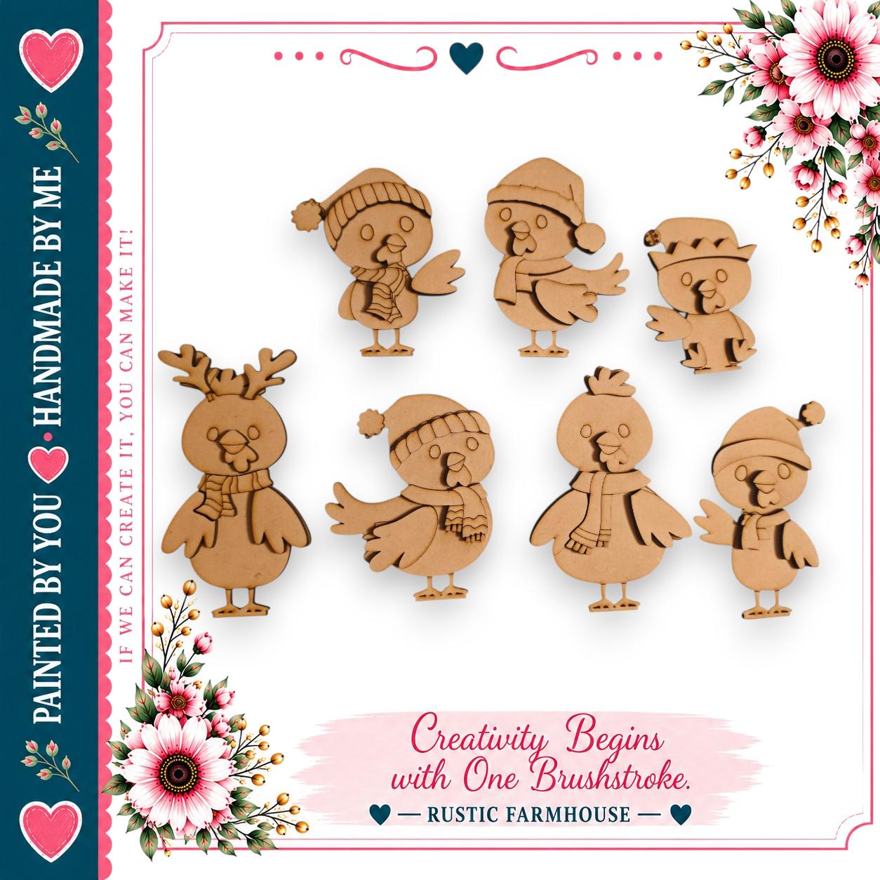 a collection of wooden bird figurines, each wearing a hat and scarf, arranged in a festive display. The birds are depicted in various poses, creating a lively and whimsical scene. The image is framed by a border of pink and white flowers, adding a touch of color and charm to the overall composition. The text "Creativity Begins with One Brushstroke" suggests that the wooden bird figurines are the source of inspiration for the creative process.