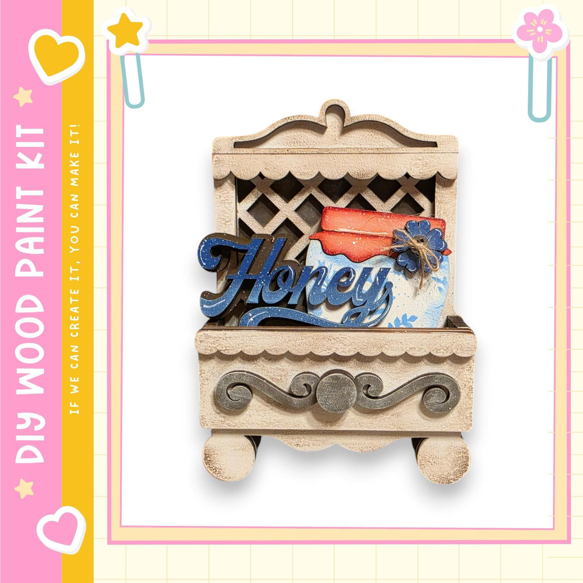 A wooden shelf with a decorative design, featuring the word "Honey" prominently displayed on it.