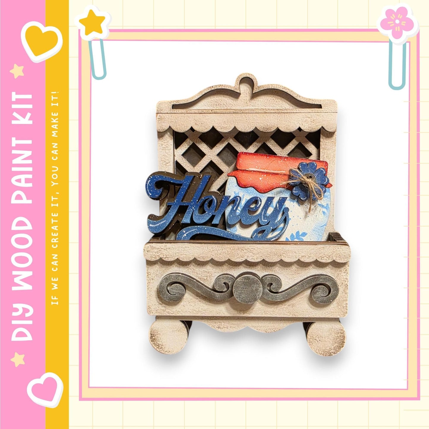 A wooden shelf with a decorative design, featuring the word "Honey" prominently displayed on it.