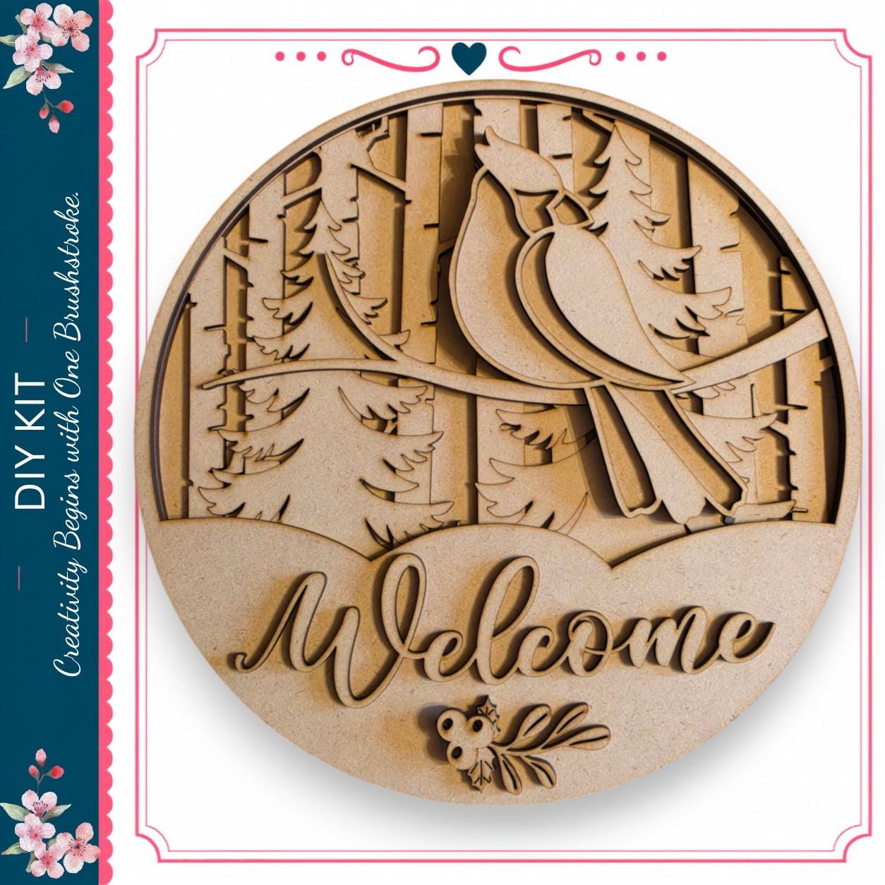 The image is a wooden sign with a bird perched on it, surrounded by a forest scene. The sign has the word "Welcome" written on it.