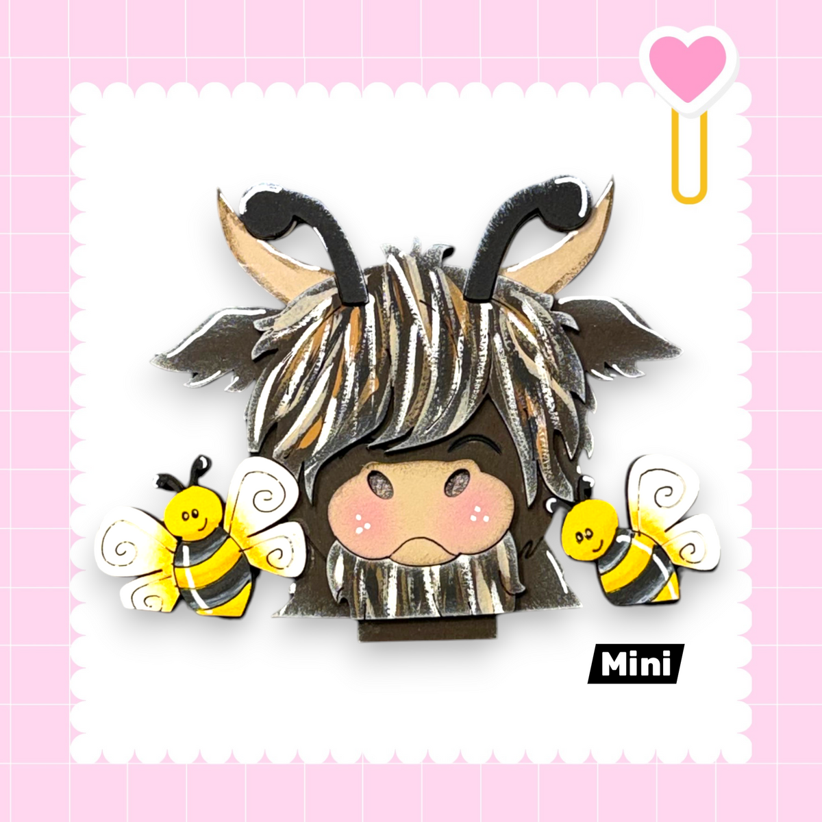 A whimsical illustration featuring a cow-like creature with horns and a beard, surrounded by two cheerful yellow and black bee-like creatures.
