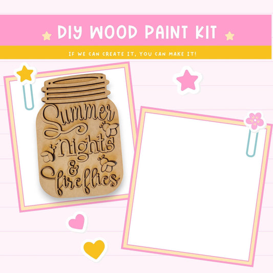 The image is a DIY wood paint kit advertisement, featuring a wooden mason jar with a message about summer nights and fireflies. The kit appears to be designed for children, as indicated by the playful design elements.