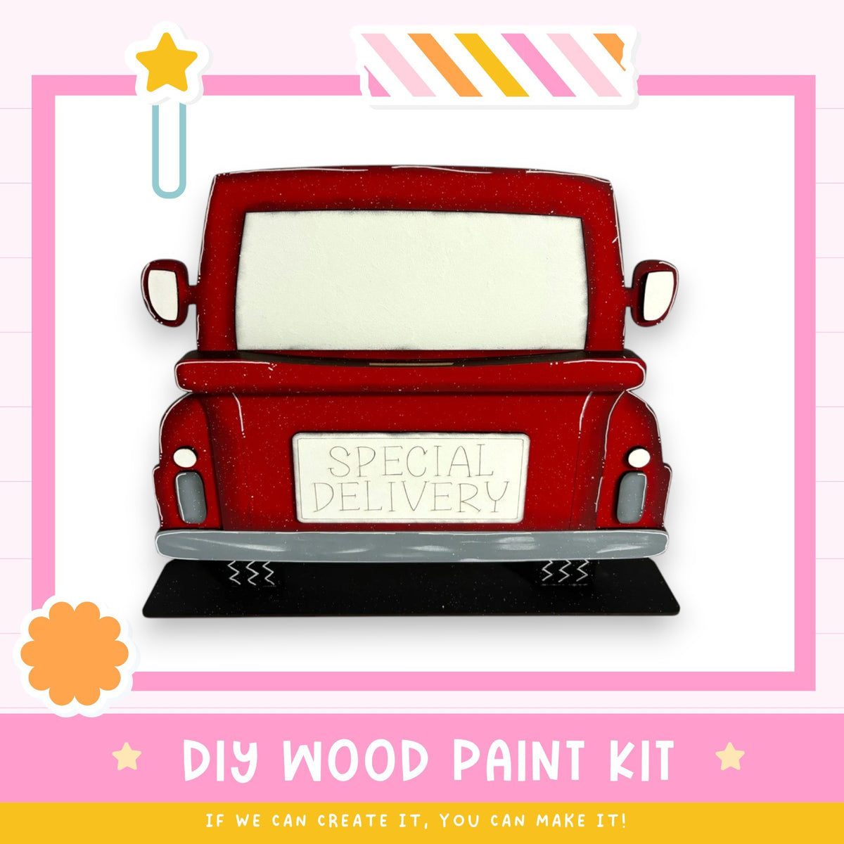a red truck with a white sign that says "Special Delivery" on the back. The truck is displayed against a pink background with a white border.