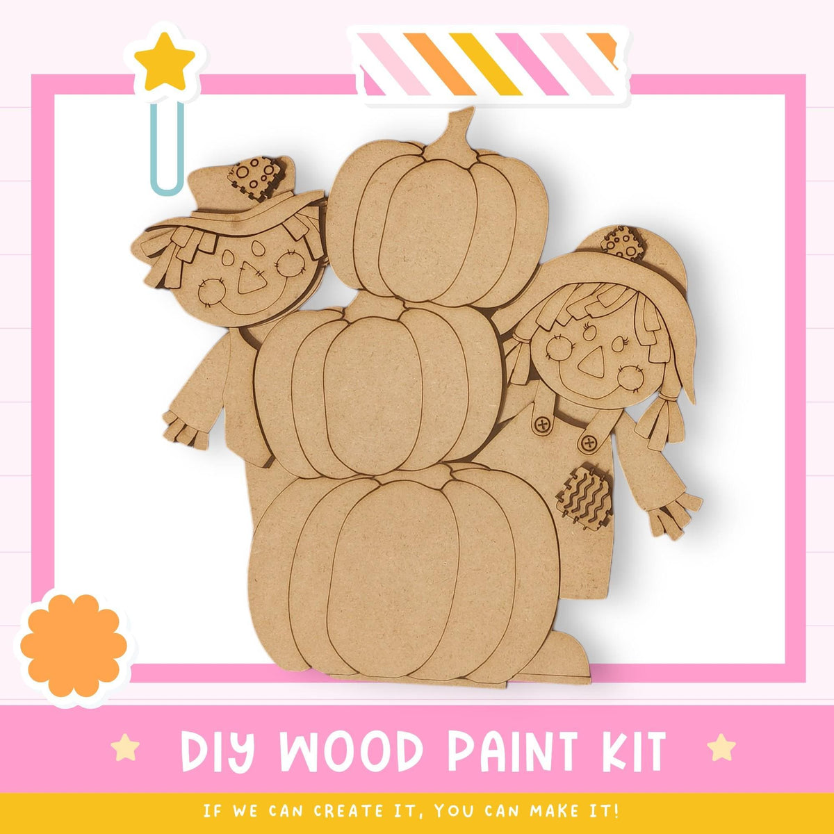 The image is a colorful advertisement for a DIY wood paint kit, featuring a playful illustration of two wooden figures, likely representing children, with three stacked pumpkins. The kit appears to be designed for creating custom wooden designs, as indicated by the text "DIY WOOD PAINT KIT" and "IF WE CAN CREATE IT, YOU CAN MAKE IT!"