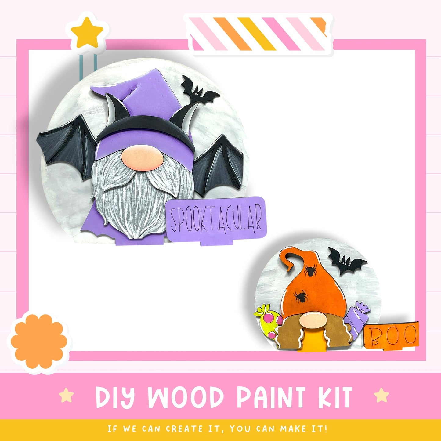 The image is a promotional poster for a DIY wood paint kit, featuring two whimsical gnome-like figures with bats on their heads, set against a pink and white background.