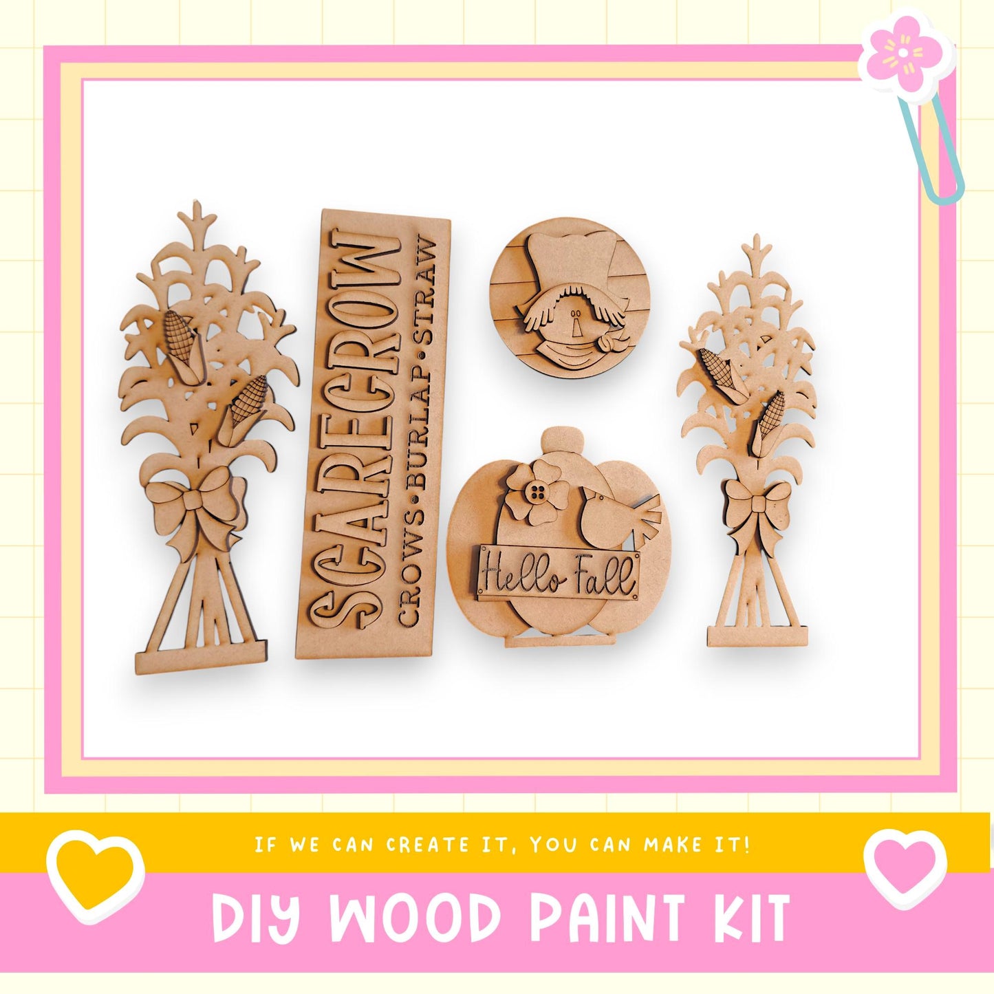a DIY wood paint kit with various wooden cutouts, including a scarecrow, a pumpkin, and a heart. The kit appears to be made of wood and is designed for creating custom wooden decorations.