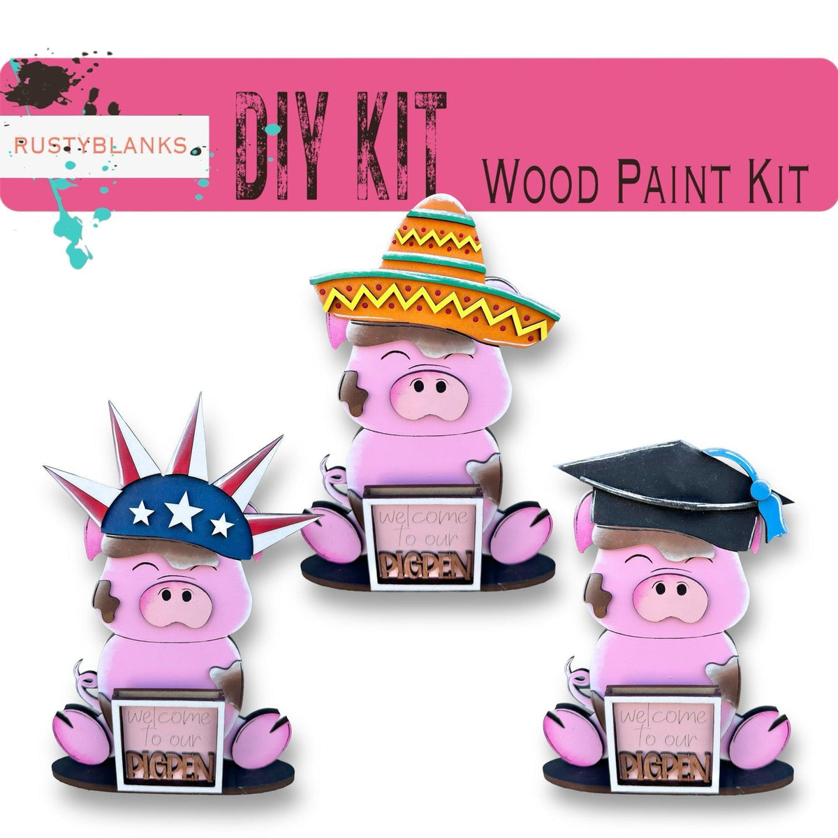 three pink pigs wearing hats and holding a sign