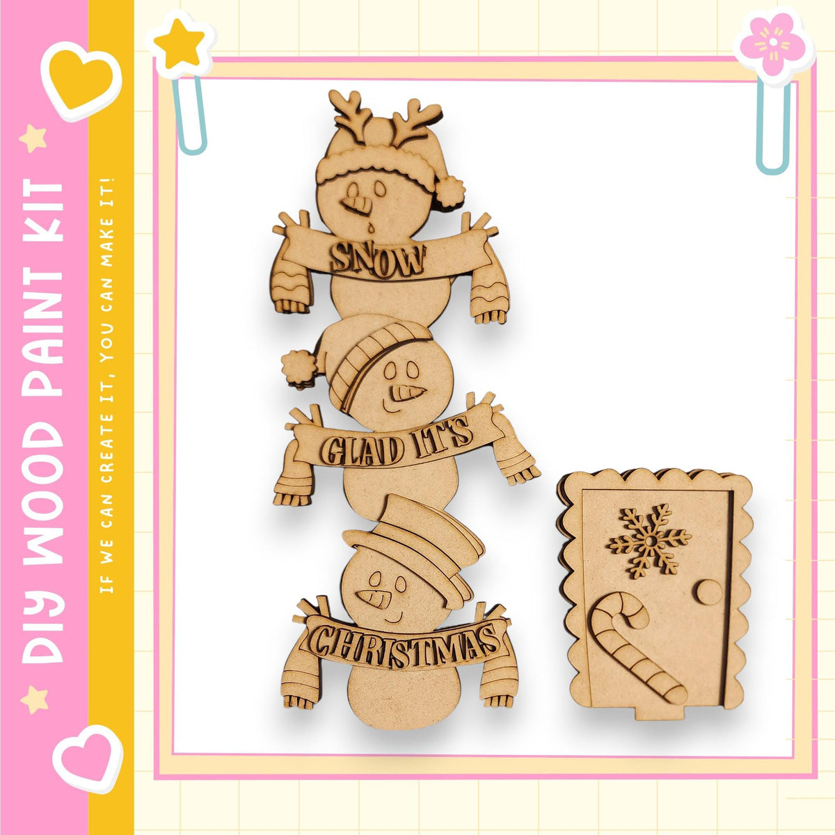 a set of wooden snowman ornaments and a snowman-shaped cookie holder, all made of wood.