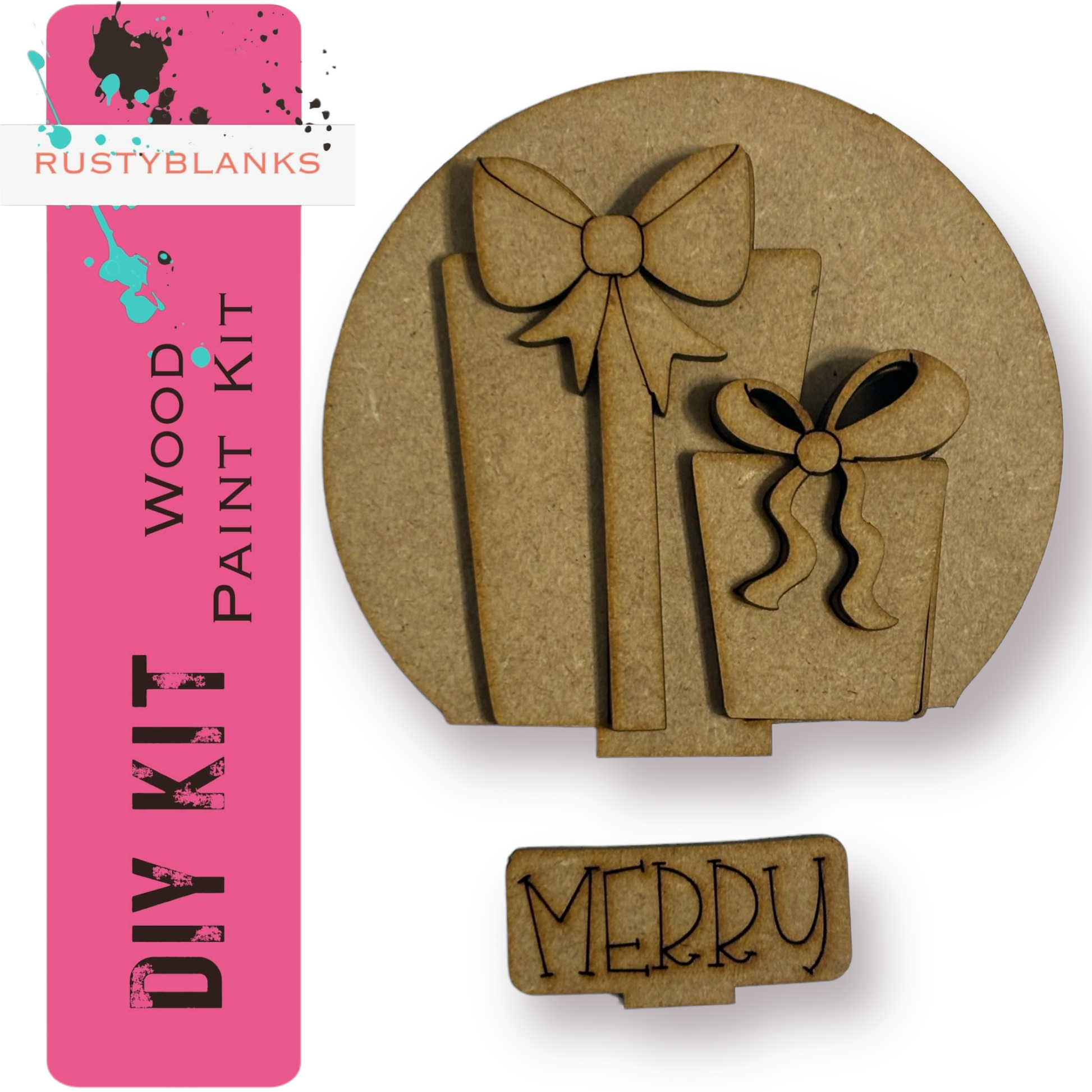 a DIY kit for creating wooden paint kits, including a wooden bow and a wooden gift box. The kit is designed for creating festive decorations, such as Christmas or holiday-themed items.
