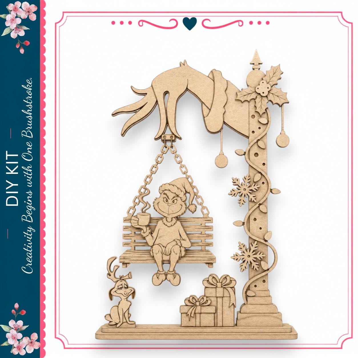 A wooden swing with a person and a dog on it, along with a gift box and other decorative elements.