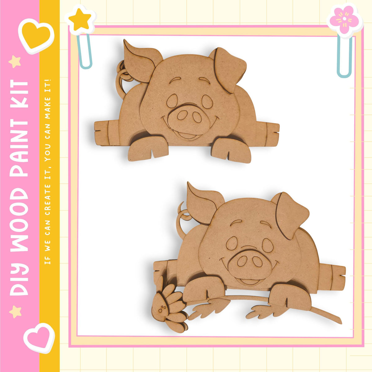 two wooden cutouts of smiling pigs, one on top of the other, set against a pink and yellow background.