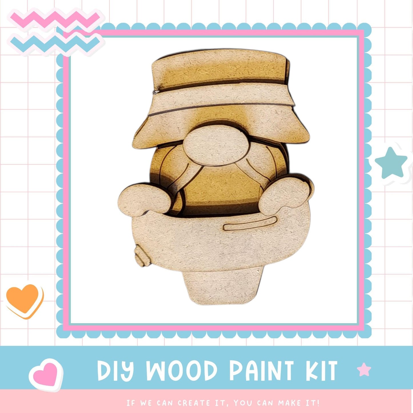 a wooden craft kit with a teddy bear in a pot