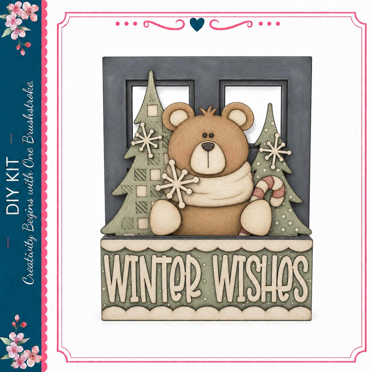 A teddy bear holding a snowflake and a candy cane, with the text "Winter Wishes" below it, is the central focus of the image.