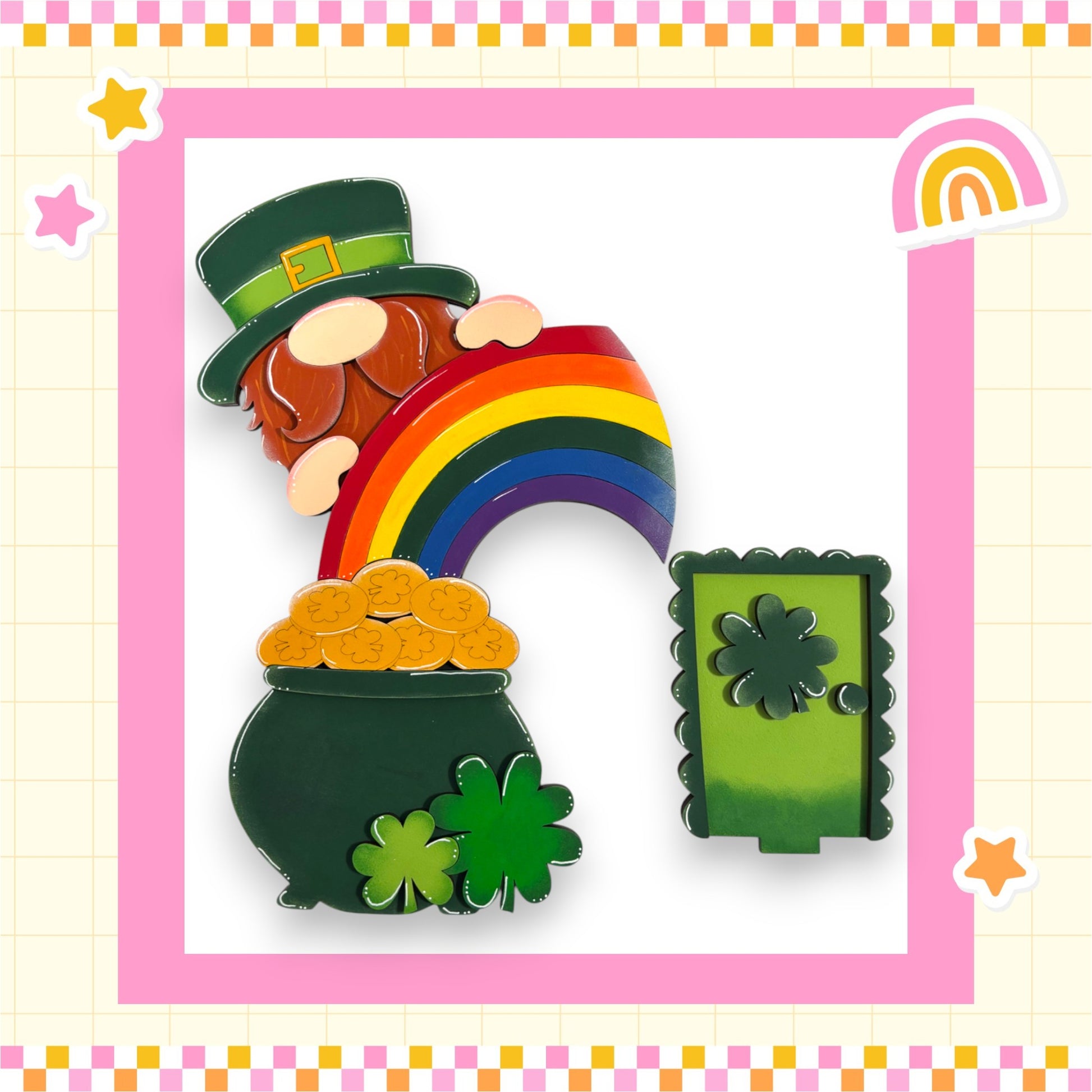 a st patrick's day card with a pot of gold and a rainbow