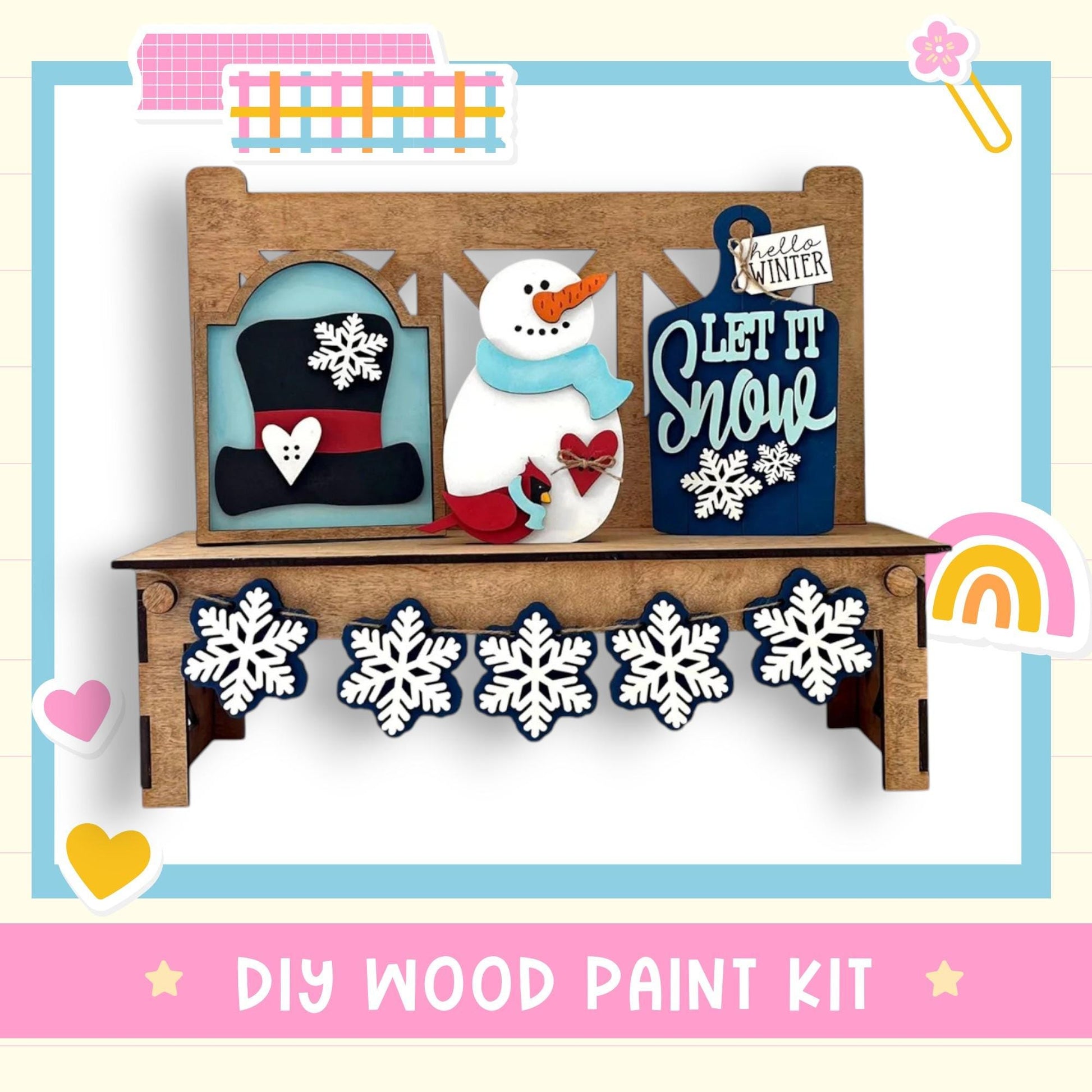 a snowman and a snowman sitting on a wooden bench