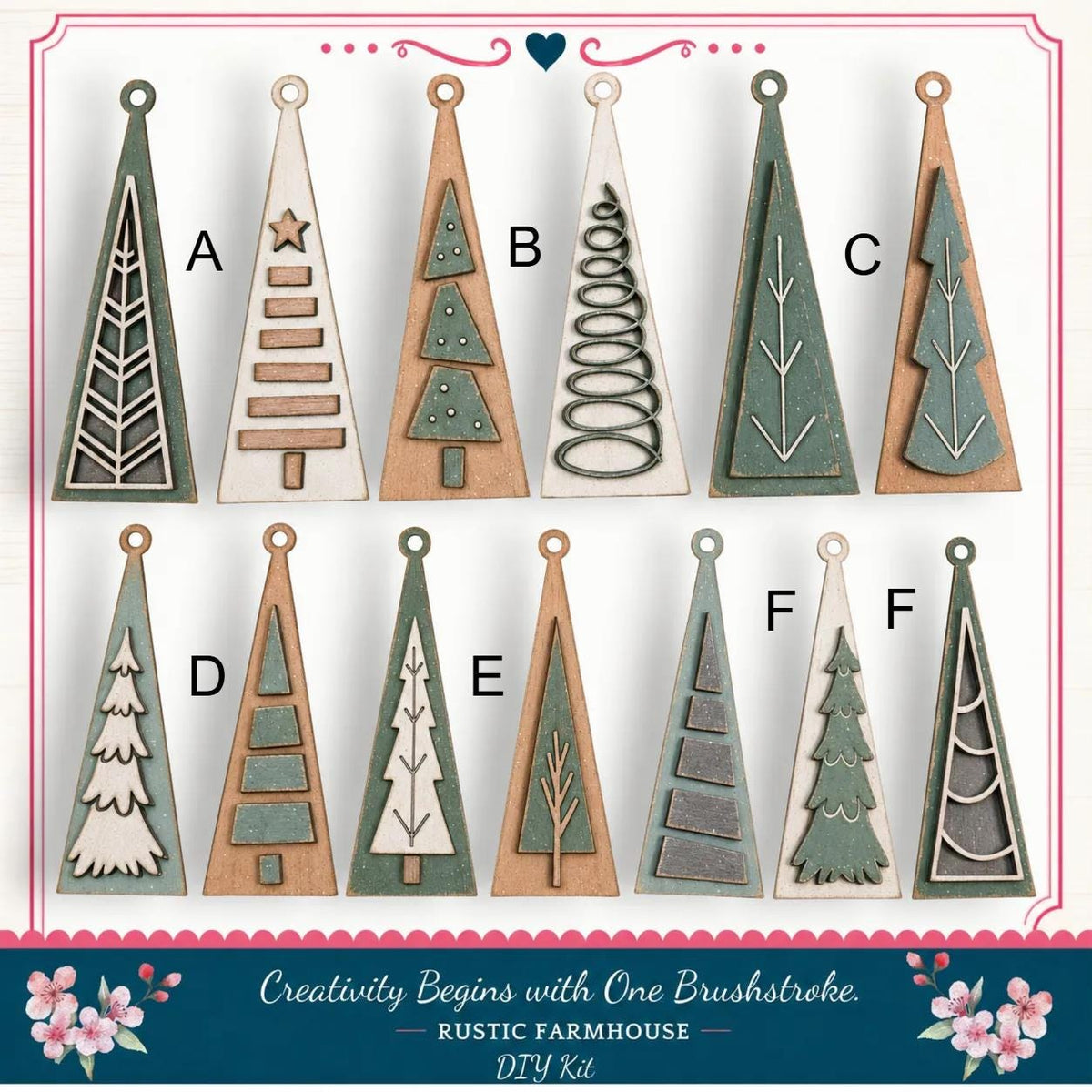 a collection of 12 unique Christmas tree ornaments, each with a distinct design and color scheme. The ornaments are arranged in a grid pattern, showcasing a variety of shapes and patterns, including geometric shapes, floral designs, and abstract elements. The text "Creativity Begins with One Brushstroke. Rustic Farmhouse DIY Kit" suggests that these ornaments are part of a creative project or kit for crafting homemade Christmas decorations.