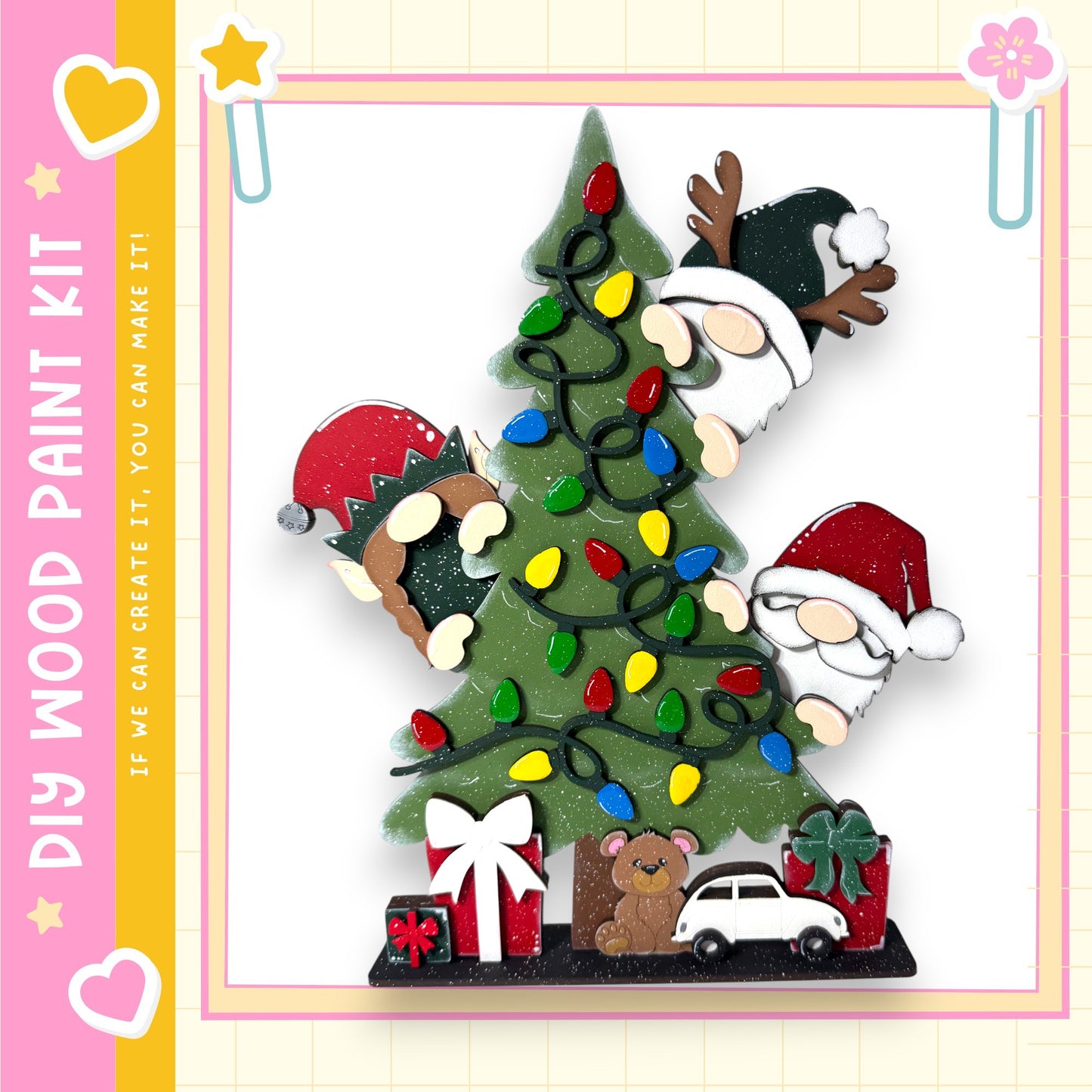 A Christmas-themed collage featuring a decorated Christmas tree with colorful lights, two gnomes, and various holiday-themed objects such as presents and a car.