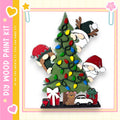 A Christmas-themed collage featuring a decorated Christmas tree with colorful lights, two gnomes, and various holiday-themed objects such as presents and a car.