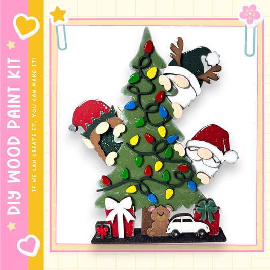 A Christmas-themed collage featuring a decorated Christmas tree with colorful lights, two gnomes, and various holiday-themed objects such as presents and a car.